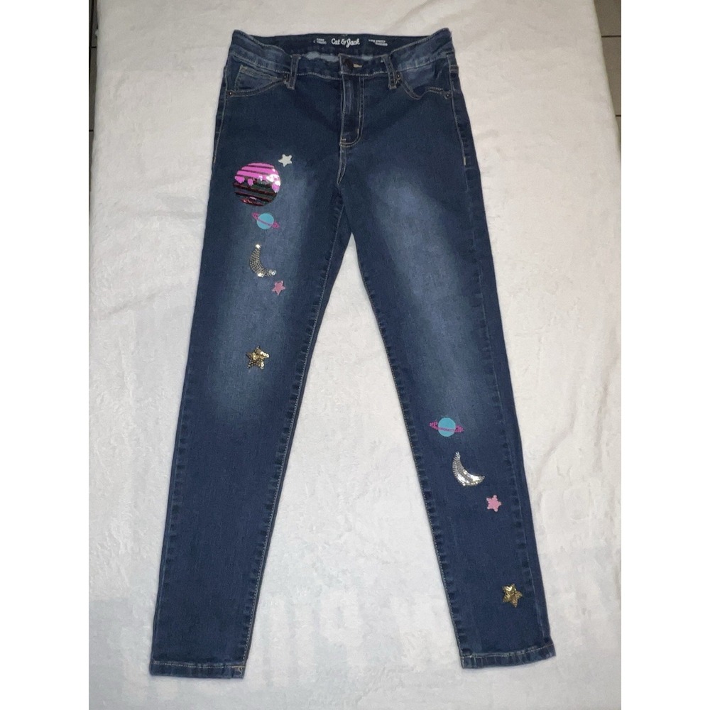 Cat & Jack Girls Skinny Jeans Size 14 Dark Wash Sequin Space Planet Moon Star